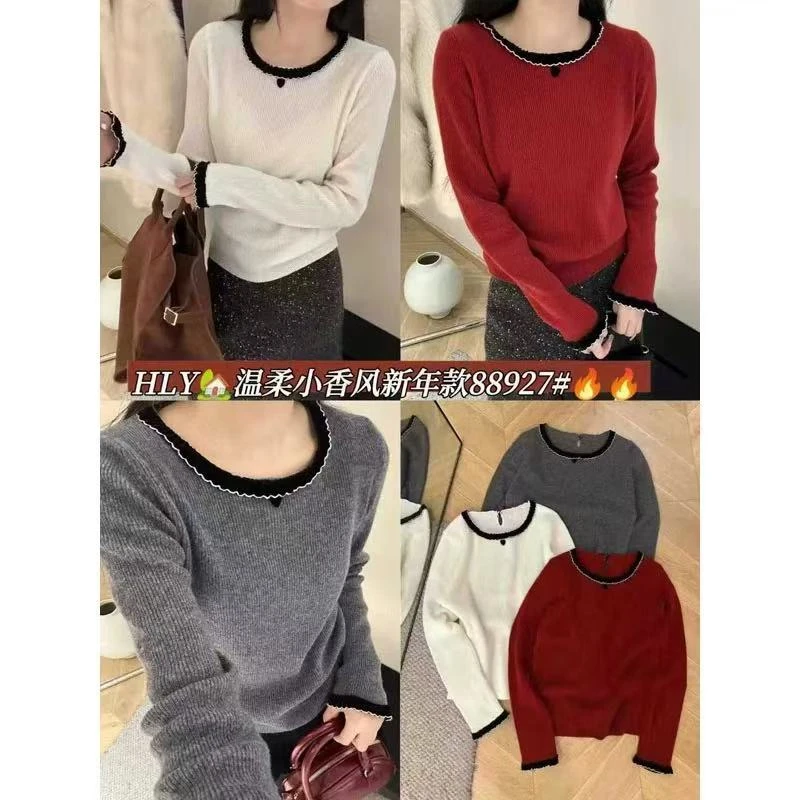 88927 新款拼接花边修身毛衣打底衫套头针织衫百搭XH