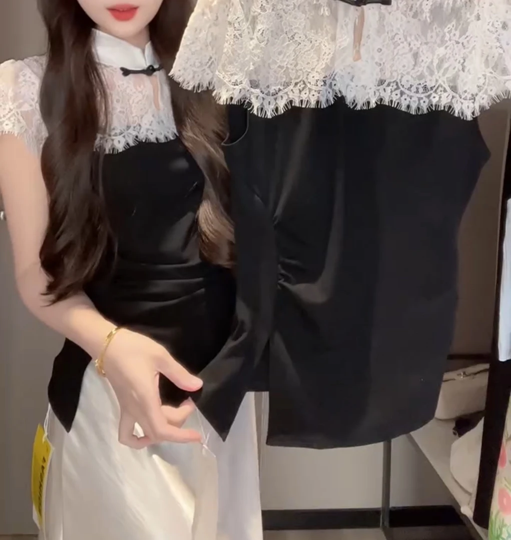 洋气显瘦复古国风拼接蕾丝领打底衫【实物微色差】