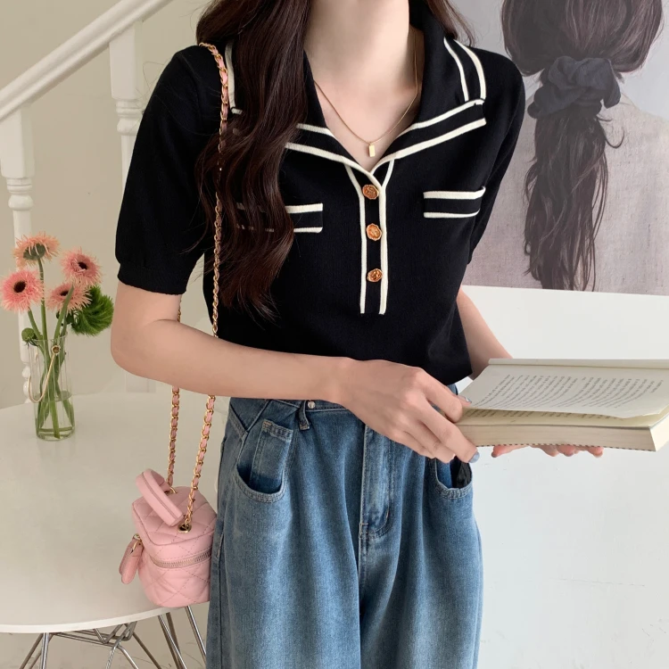 胖妹妹大码女装200斤宽松显瘦夏季薄款POLO领撞色冰丝针织上衣女