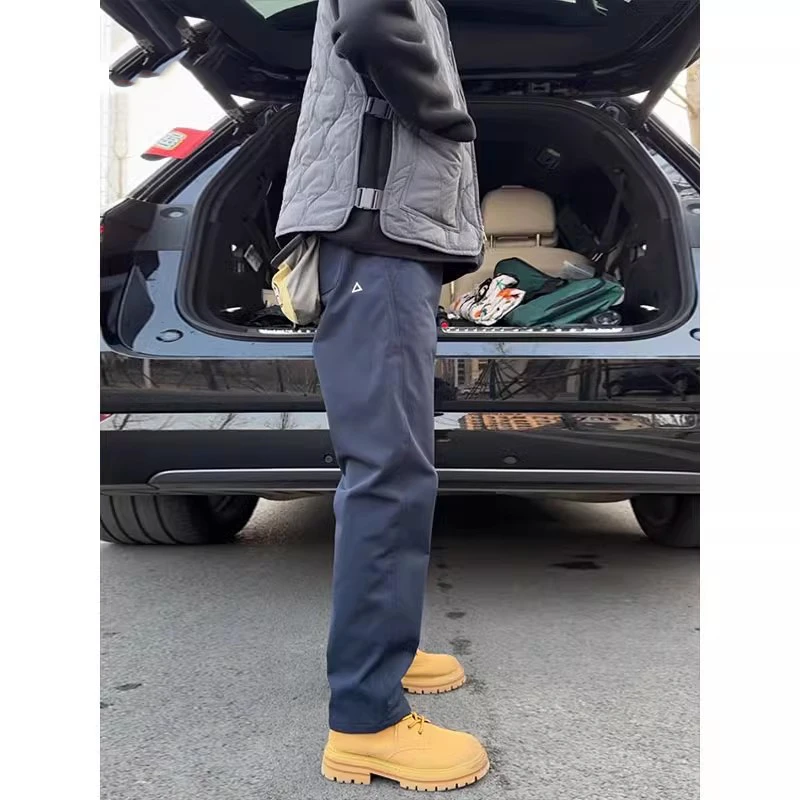 藏青色三角标裤子男款秋冬季加绒冲锋裤防风防水工装裤窄版防寒裤