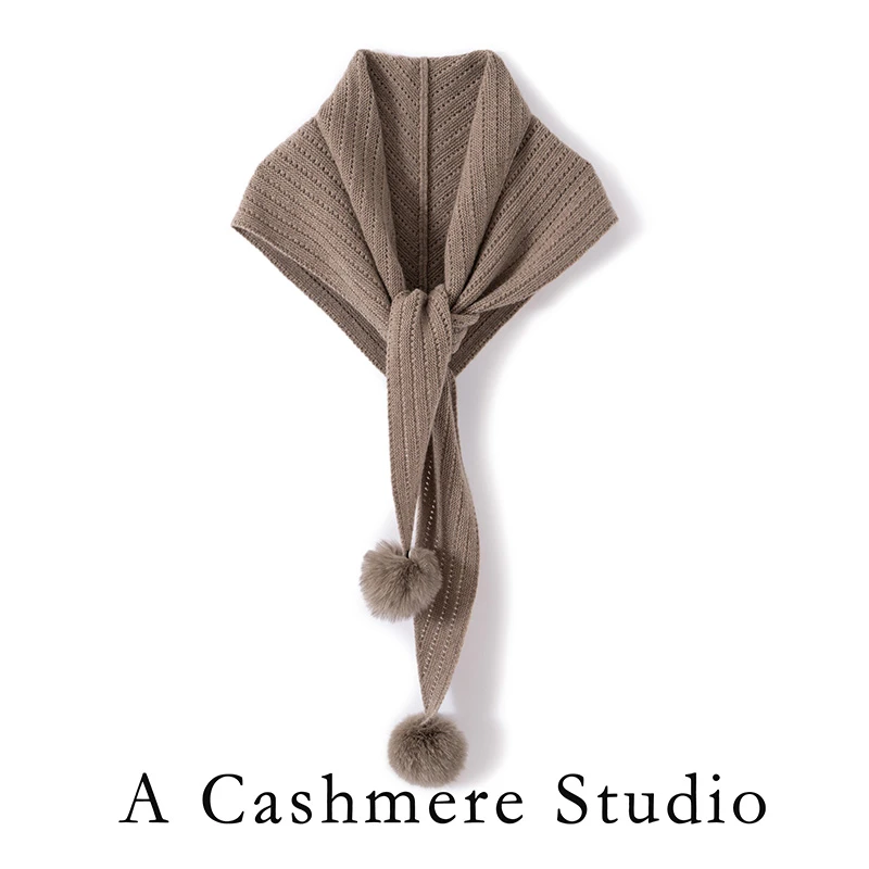 秋冬季山羊绒围巾男女时尚镂空纯色保暖护颈针织毛球三角巾MJ1059