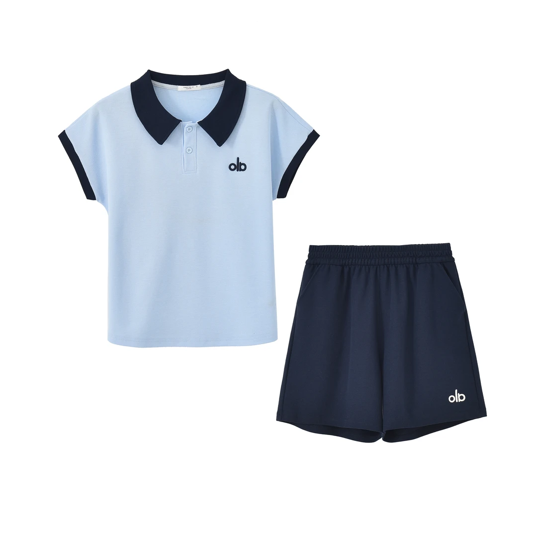 052夏季新款女2025小翻领字母刺绣短袖T恤短裤时尚百搭休闲两件套