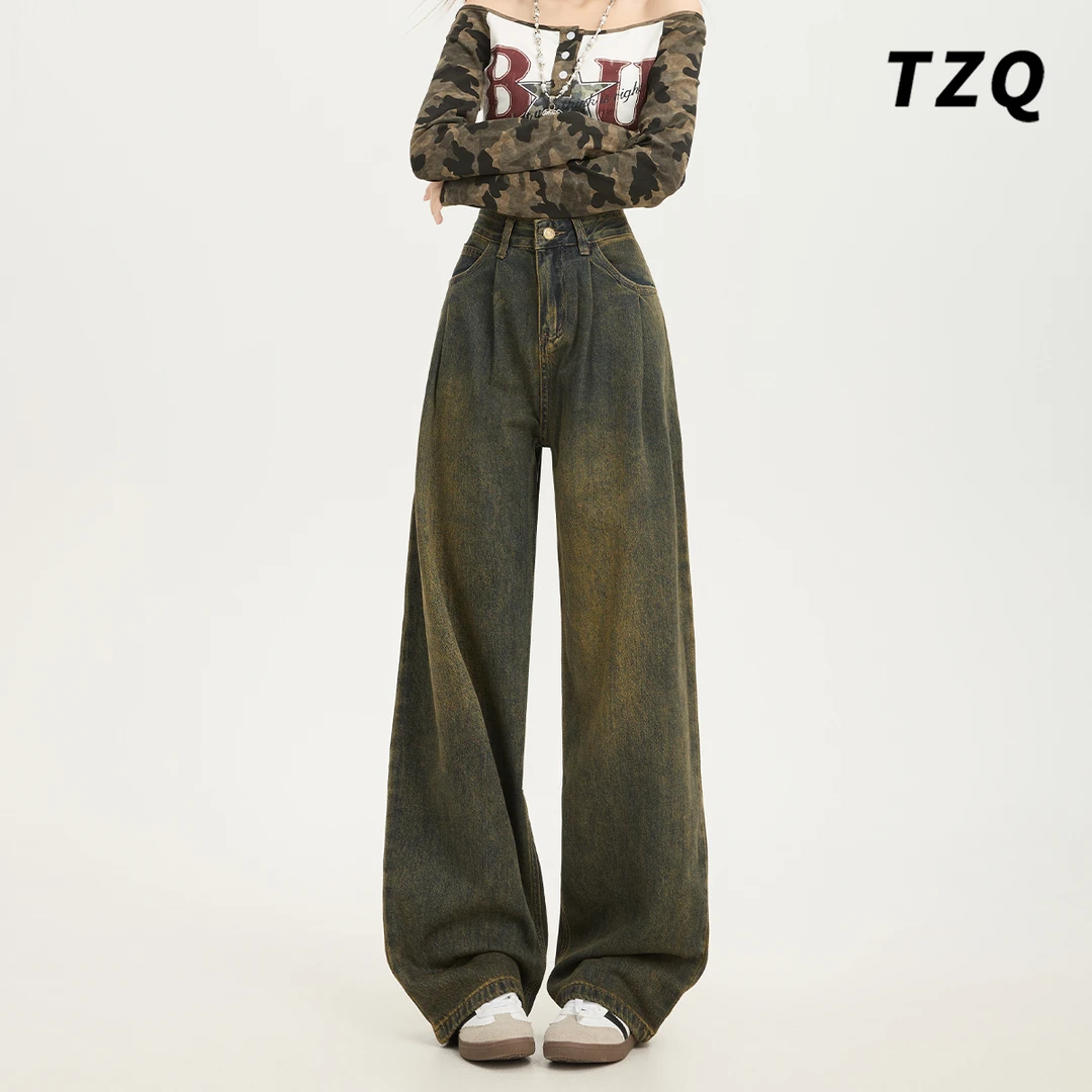 水泥灰小个子阔腿牛仔裤女款爆款2025秋季设计感高腰宽松九分裤子