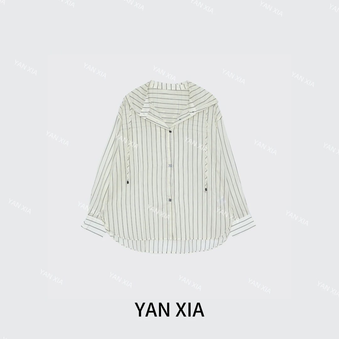 设计感竖条纹连帽长袖衬衫 百搭通勤上衣  23-170