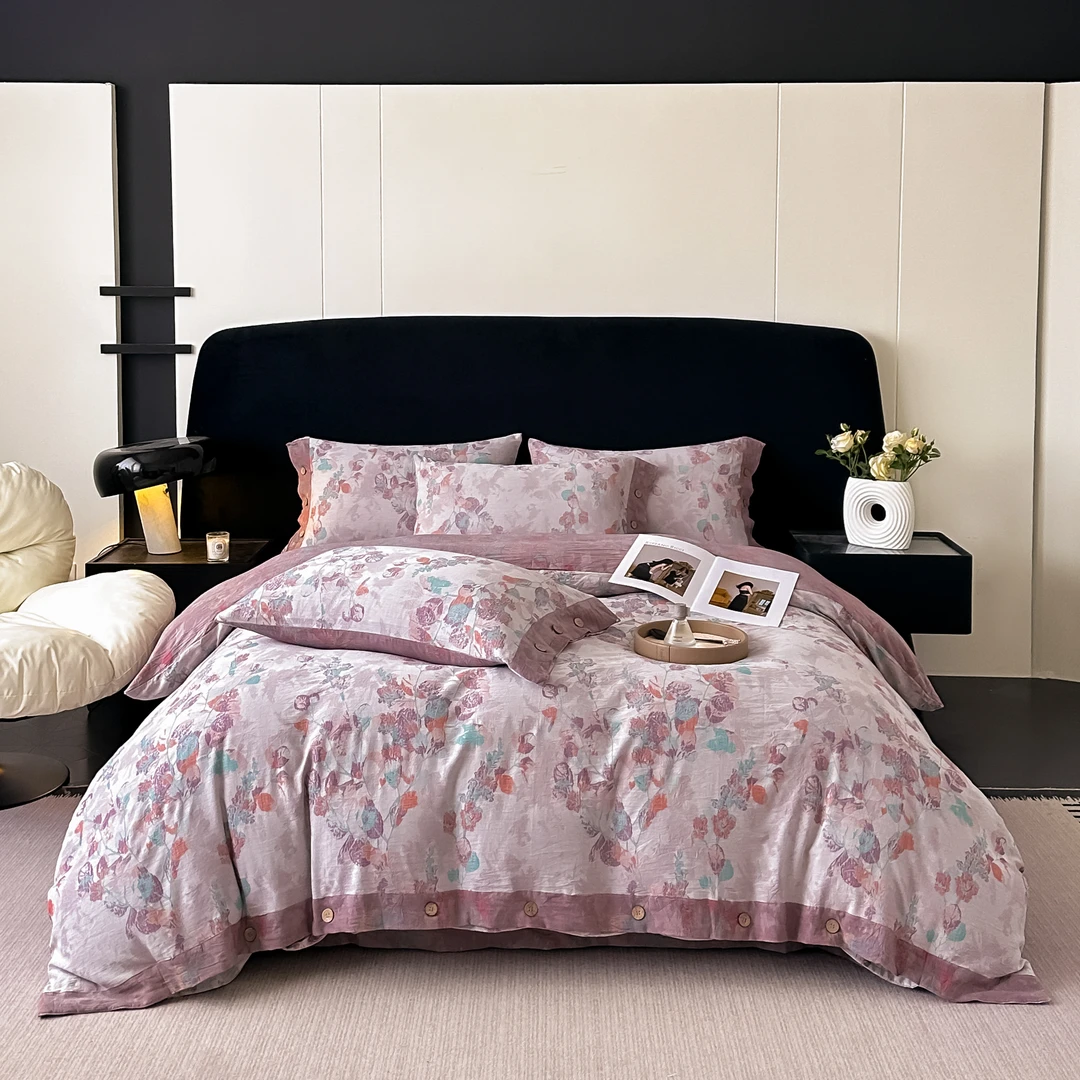 【七彩-梦幻紫】全棉A类复古色织提花双层纱四件套亲肤超柔