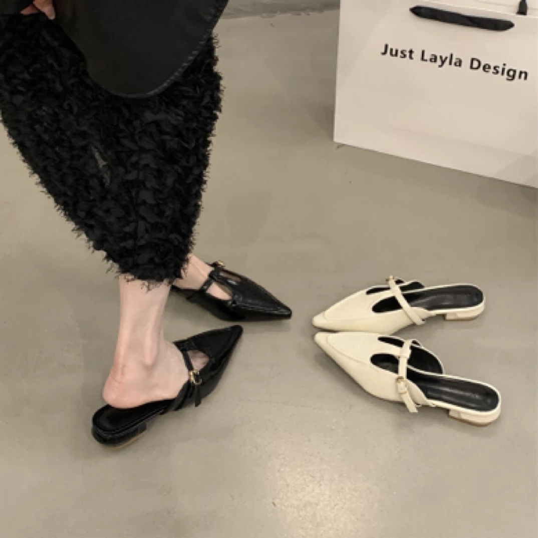 2025年春夏新款包头法式半拖鞋外穿粗跟复古T字带尖头单鞋女鞋子