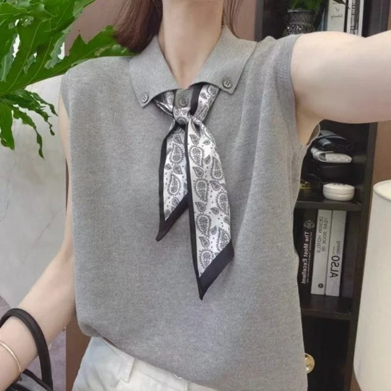 【送丝巾】韩版新款冰丝针织百搭修身显瘦女时尚翻领针织女无袖上衣