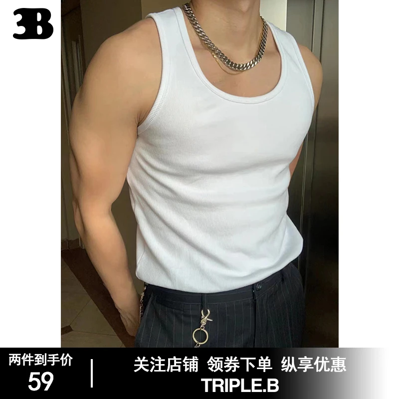 2024新款重磅加粗螺纹棉背心白色圆领无袖T恤健身显大美式背心