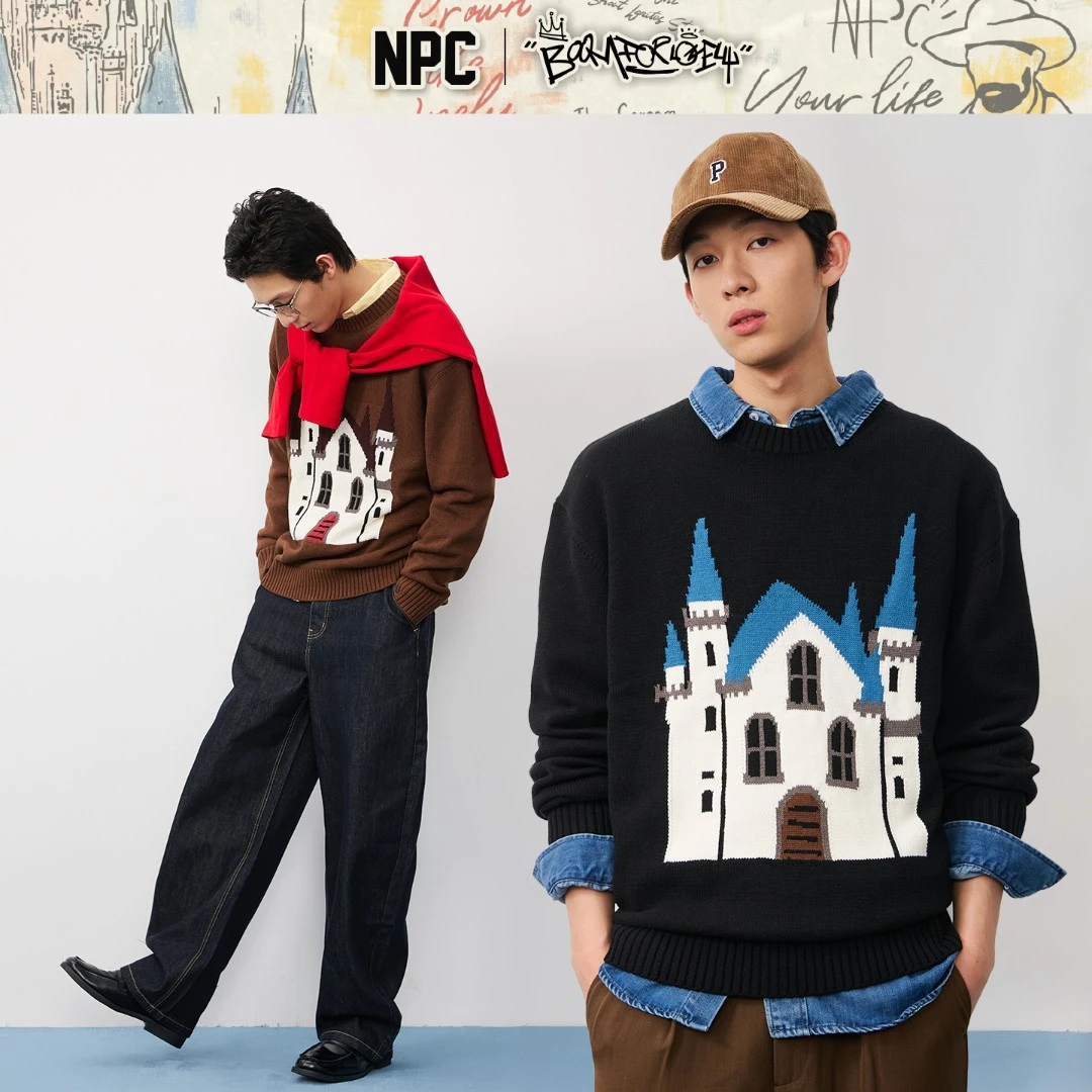 NPC潮牌流光风经典小房子圆领针织衫休闲男日系秋季NP58SW12-1
