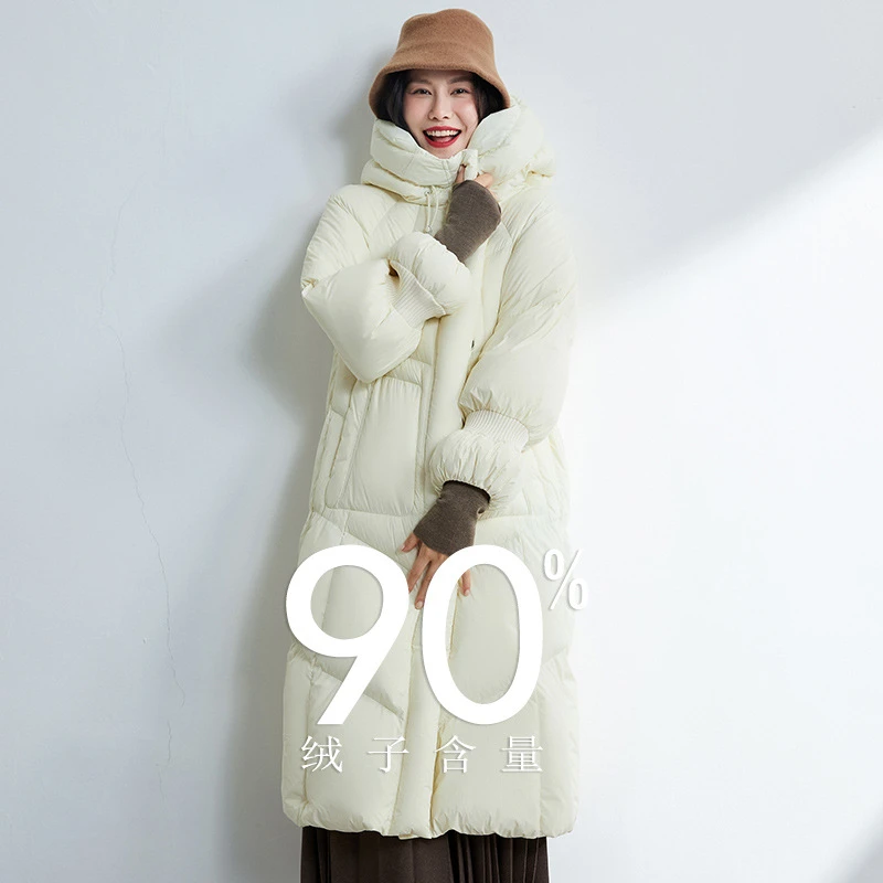 欧品荟连帽中长款防风羽绒服2024冬季新款90白鸭绒加厚保暖外套女
