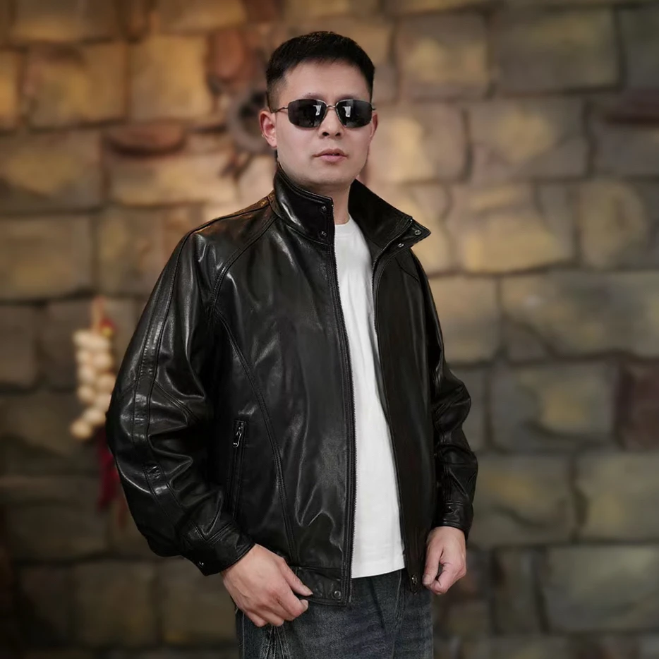 新款男士头层小山羊皮立领单款+可脱卸内胆港风阔版休闲夹克 潮