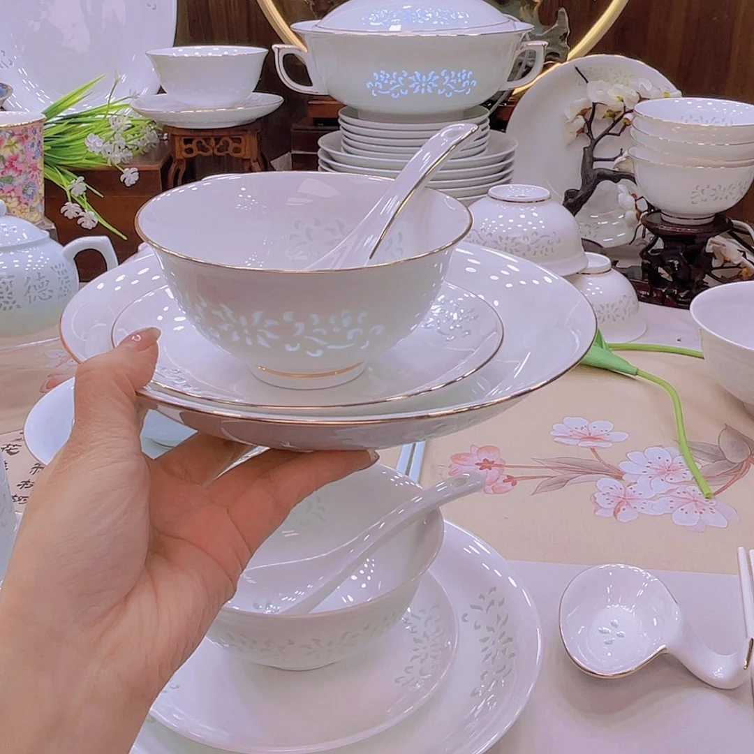 瓷景德镇玲珑瓷白釉套装