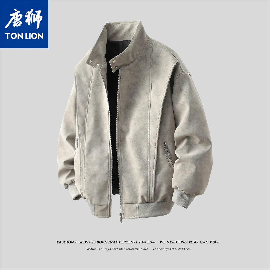 唐狮 tonlion秋冬季美式复古立领夹克休闲宽松美拉德水洗皮衣