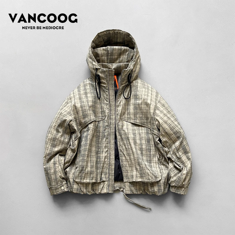 凡购25冬季潮牌宽松连帽短款外套保暖格子羽绒衣加厚御寒羽绒服男