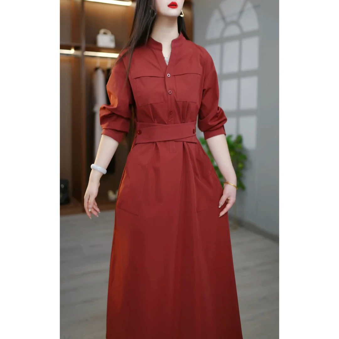 2025春季新款时尚设计感长袖连衣裙女气质收腰显瘦中长款a字裙子