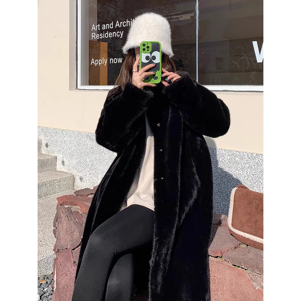 返潮复古秋冬款时尚保暖皮毛一体长款立领毛毛大衣女长款外套百搭