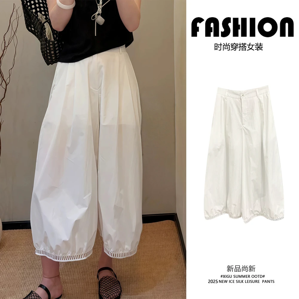 韩系氛围感复古显瘦慵懒风松弛感镂空蕾丝拼接灯笼裤气质套装白色