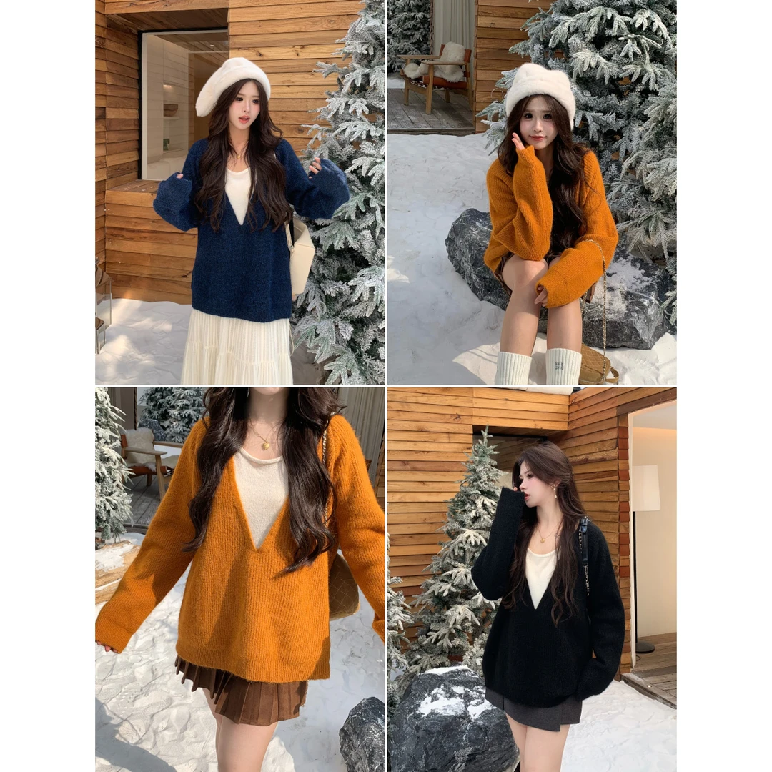 李潇洒【叠搭玩家】微胖大码秋冬假两件毛衣宽松慵懒风软糯针织上衣