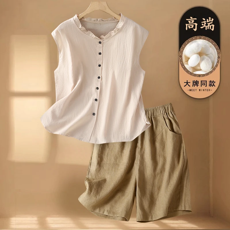 妈妈夏装休闲套装女士2025新款复古文艺苎麻衬衫亚麻阔腿裤两件套