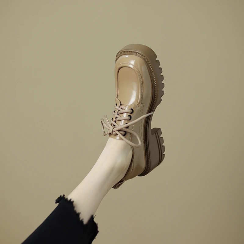 菓苒6.8cm高跟系带英伦风杏色单鞋复古春季厚底学院日系小皮鞋女