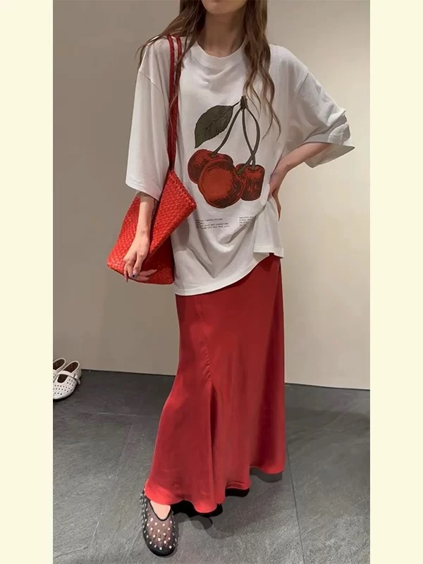 韩系慵懒休闲印花短袖T恤+红色半身裙 6629#
