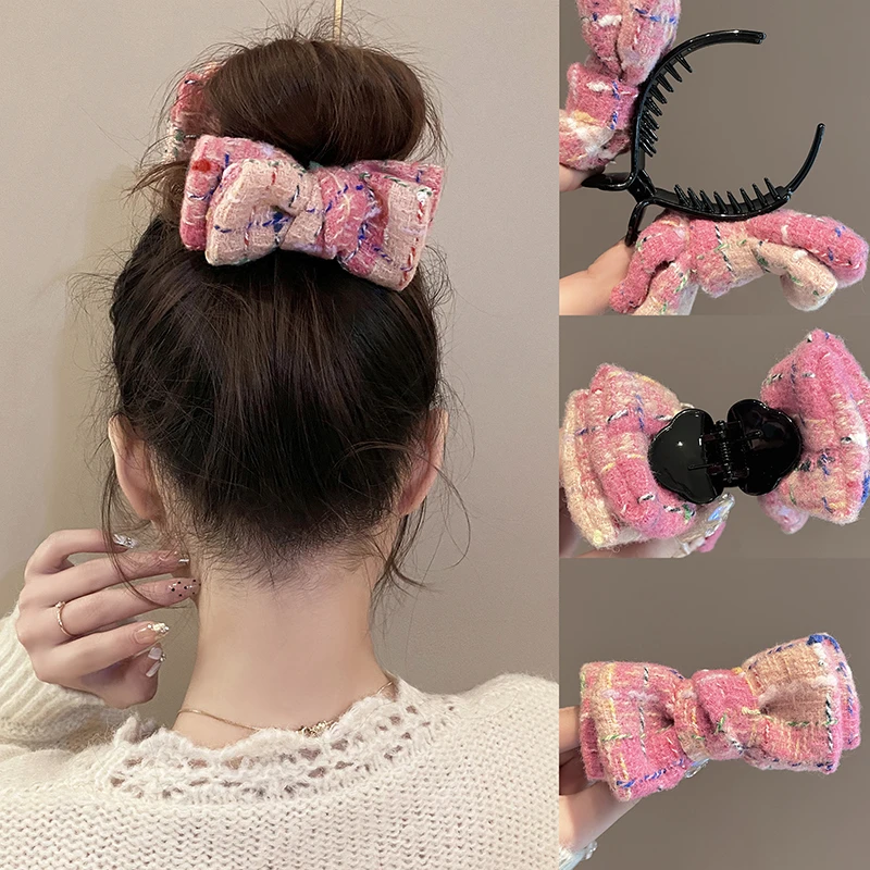 彩色格纹双面蝴蝶结丸子头抓夹女后脑勺高级感2024新发夹头饰夹子