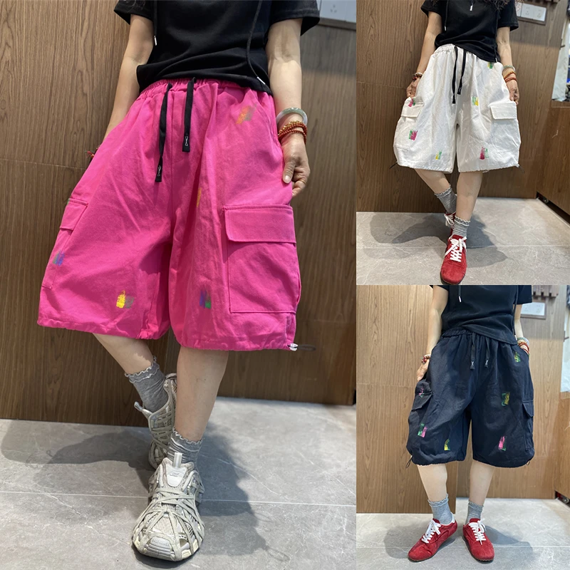 2025夏季新款时尚个性休闲彩绘工装短裤女松紧腰抽绳五分阔腿裤潮
