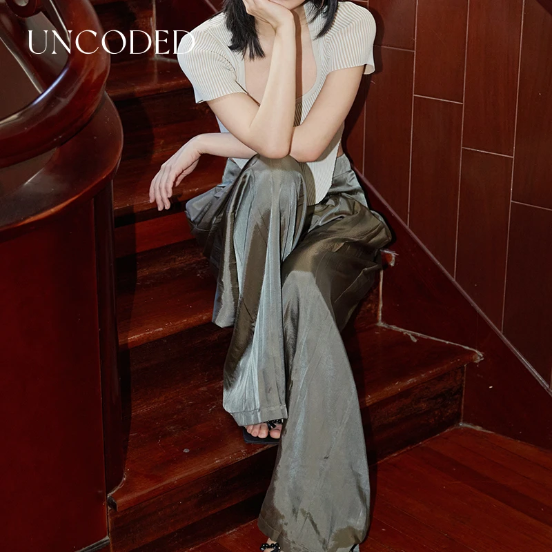 UNCODED绿色褶裥设计慵懒宽松显瘦简约长裤时尚复古百搭KWFR1K032