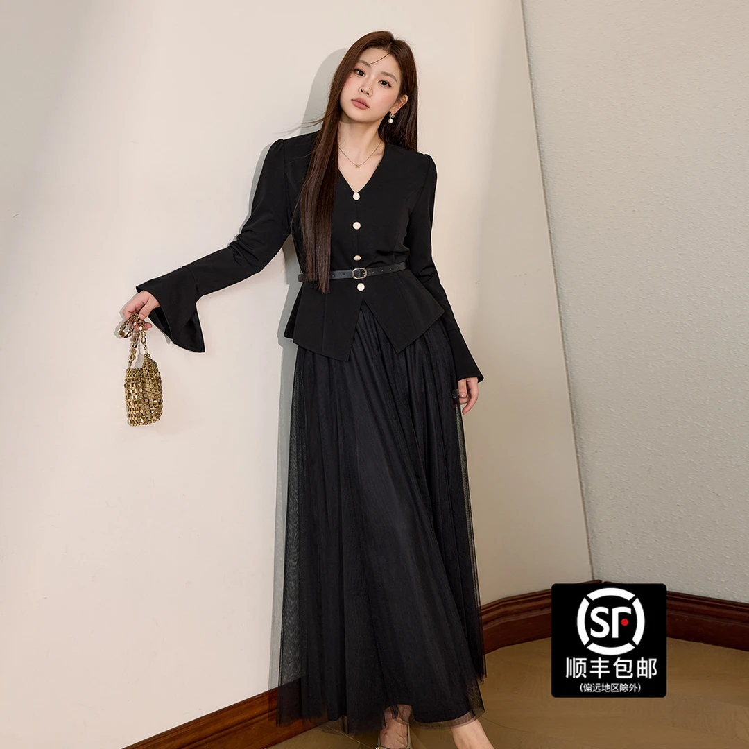 蓝语大码女装胖MM入秋搭配一整套气质收腰显瘦上衣黑色网纱半身裙