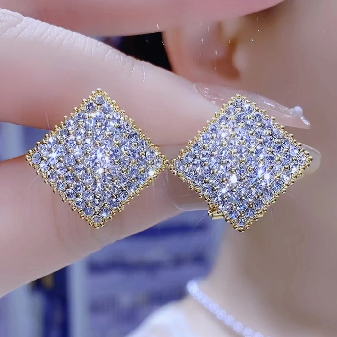 铜合金合成锆石耳饰 A229时尚大耳钉百搭几何菱形耳环