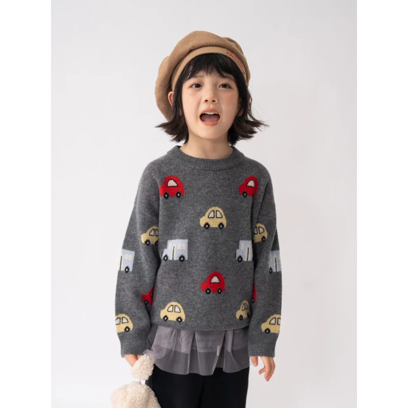 ‘童真’【100%羊毛】女童满身小汽车图案加厚纯羊毛衫儿童毛衣