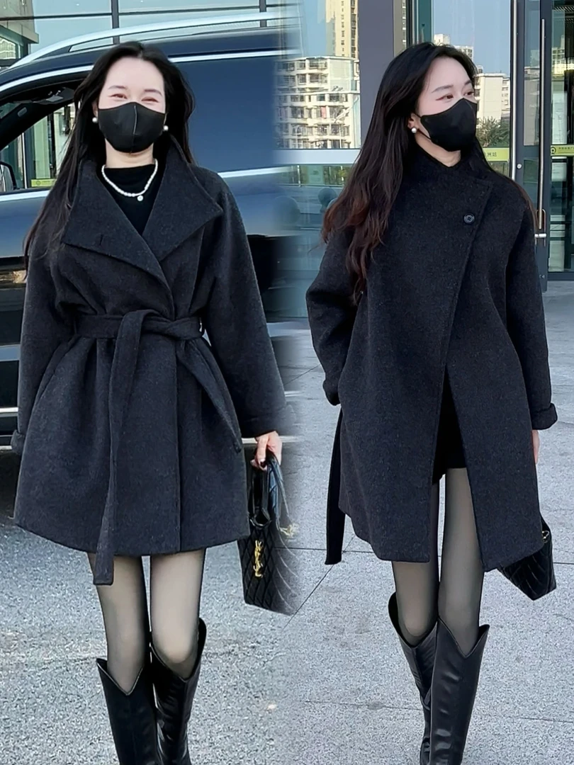 高端韩系立领系带羊毛大衣女秋冬新款中长款外套6560