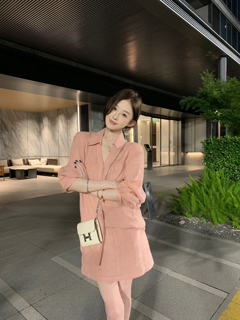 崔星星【Rose】纯亚麻气质套装美拉德粉翻领长袖衬衫女半身裙裤