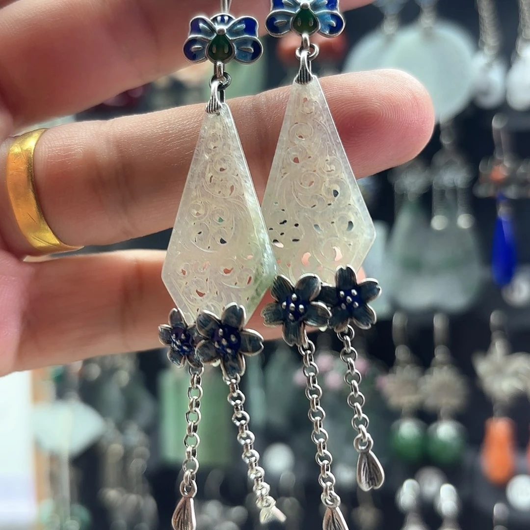 翡翠银S925镶嵌耳饰锦*