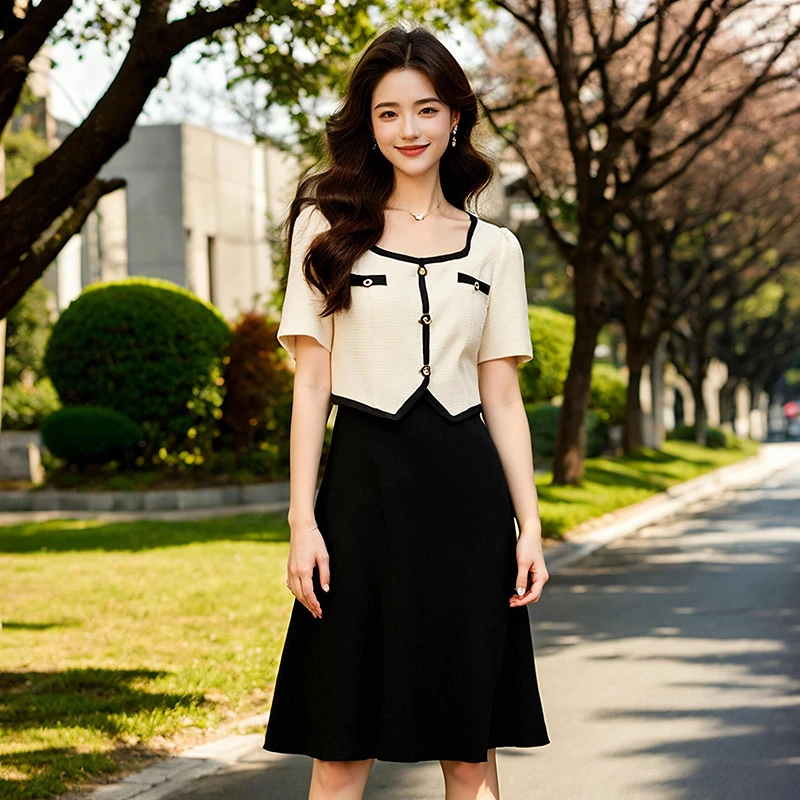 奢姿大码女装2025夏季假两件拼接小香风时尚连衣裙胖妹妹方领裙子