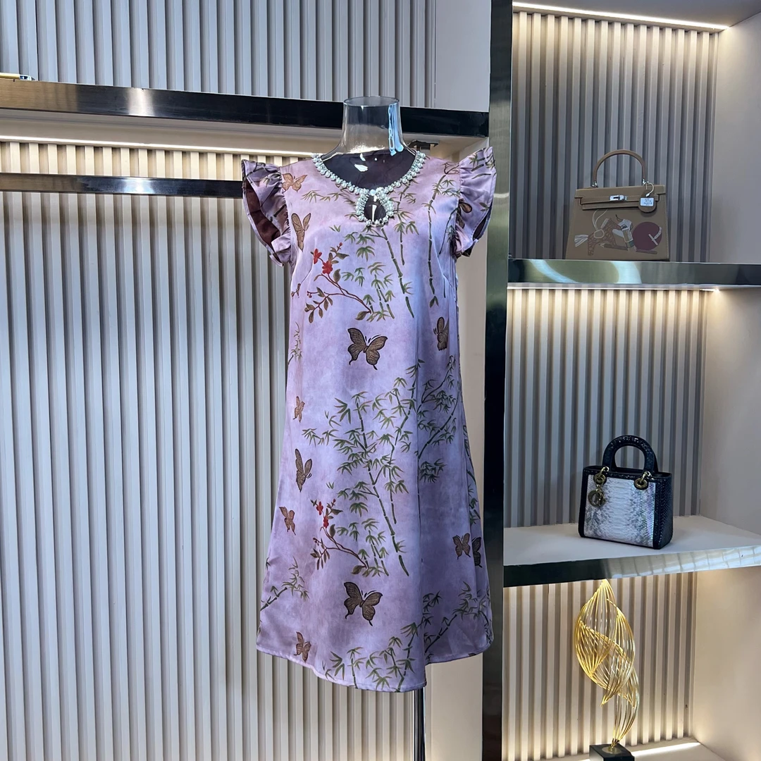 连衣裙气质时尚夏季旗袍裙显瘦碎花复古中式中长款紫色2503024