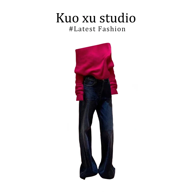 韩系气质简约2025秋季新款一字肩针织套头毛衣女宽松高腰垂感裤子