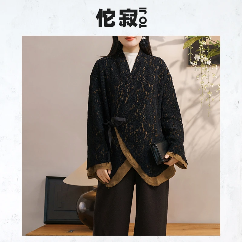 佗寂时尚春季新款新中式气质斜襟系带植绒蕾丝外套女士AEN3W558