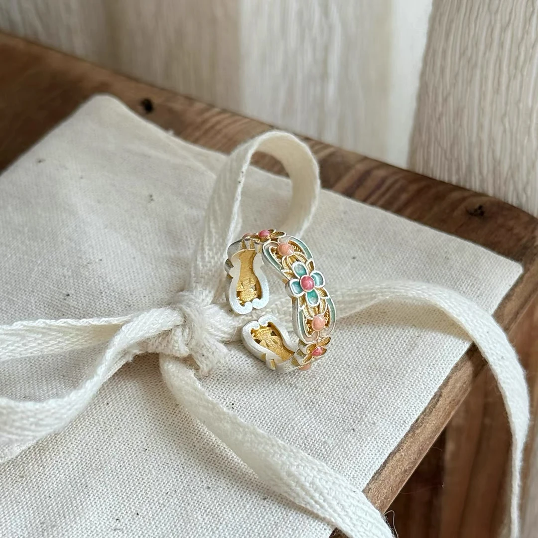 足银珐琅戒指 小花澜  银奶奶足银999.9新中式珐琅彩银戒指送礼物