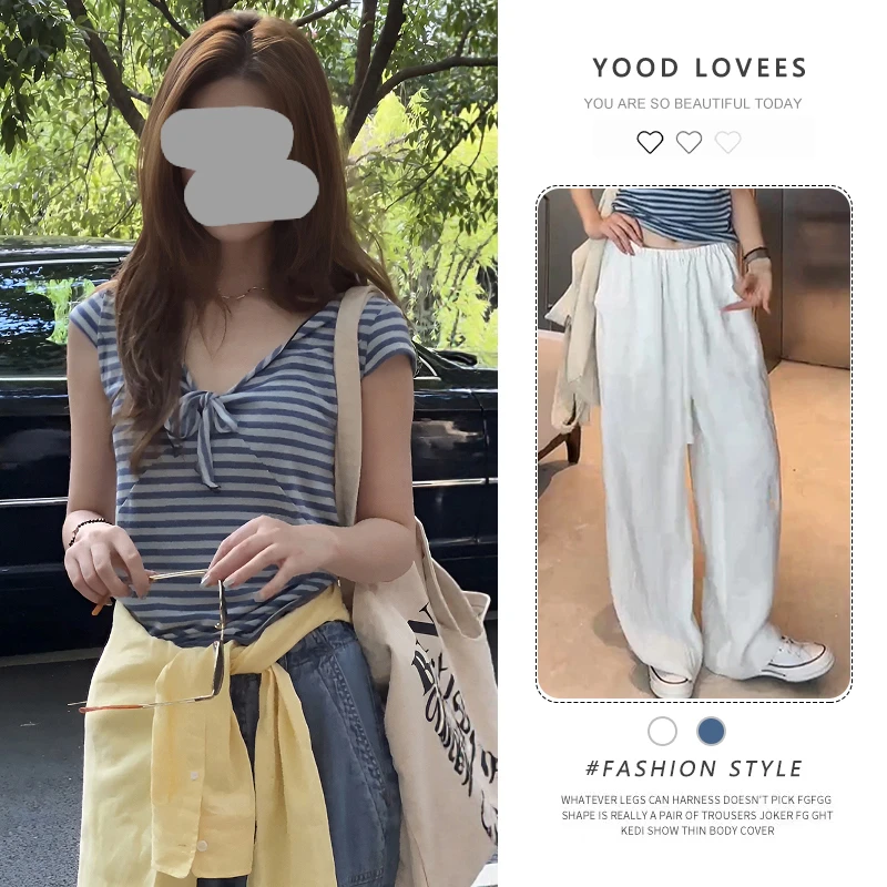 时尚套装撞色条纹短袖T恤女2025夏季新款显瘦百搭休闲裤两件套