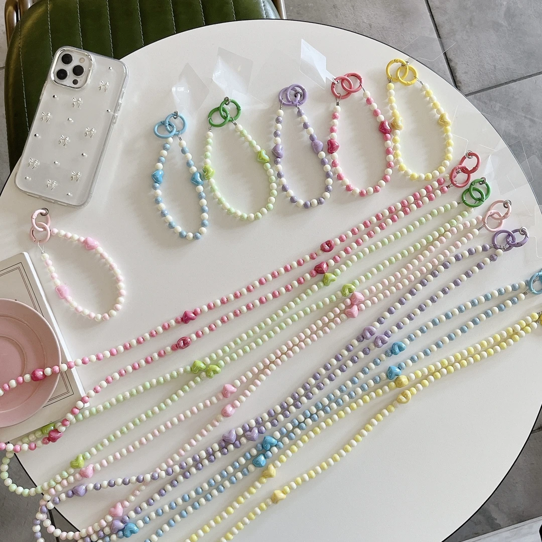 爱心串珠链手机壳链条可斜跨挂脖长款钥匙扣手腕带少女手工手机链