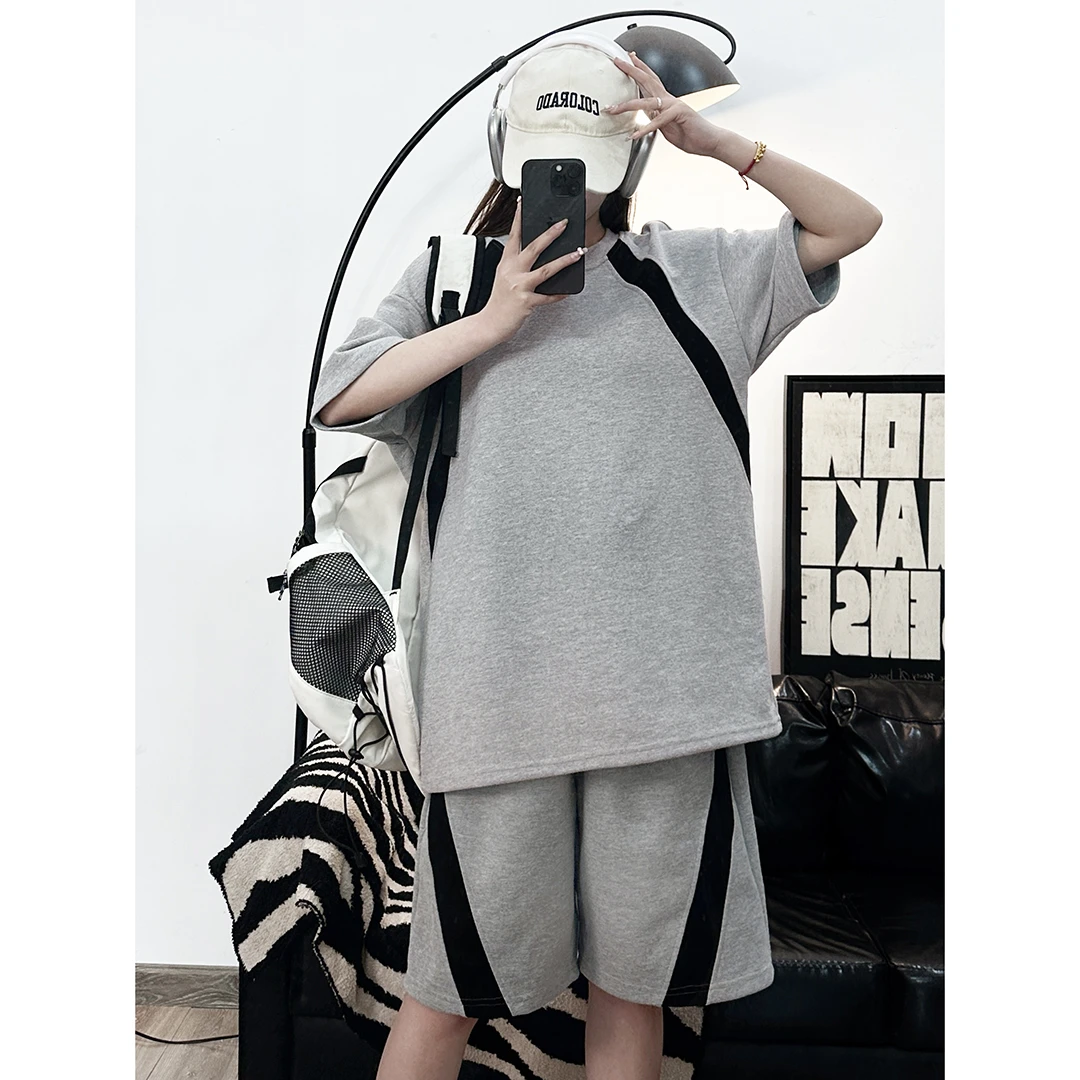 300g重磅透气珠地棉短袖男高级感撞色拼接五分袖夏季网眼T恤ins潮