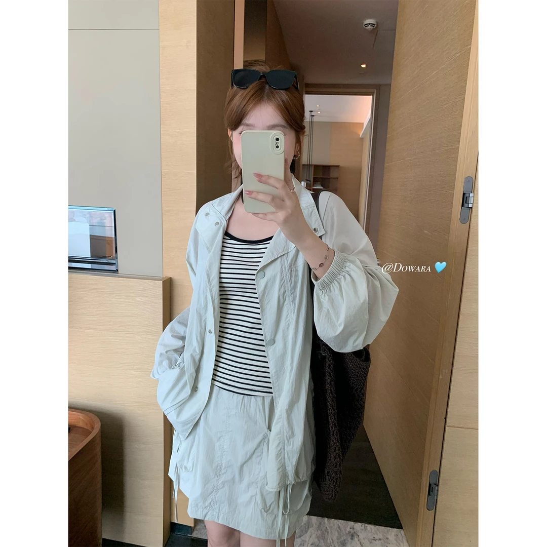 现货大婉酱微胖定制upf79+防晒套装夹克外套松紧腰工装半裙 7655D