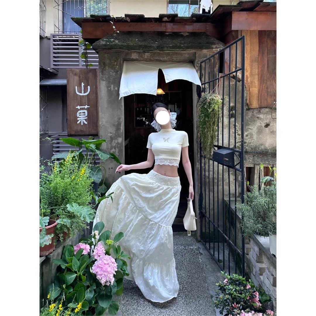 【山茶花之恋】氛围感连衣裙蝴蝶镂空T恤女夏季飘逸大裙摆度假长裙