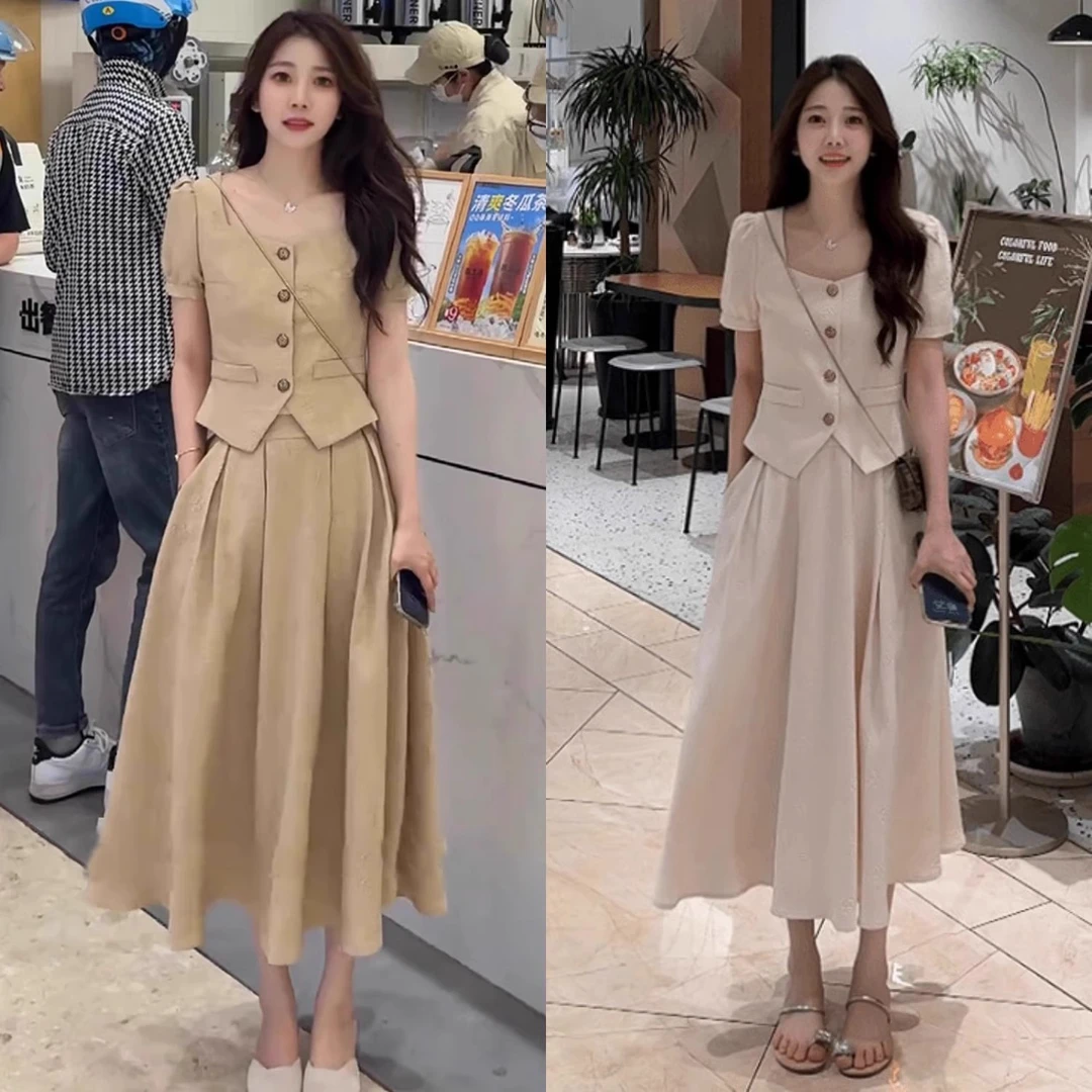 【300斤胖妹妹】法式老钱风穿搭套装裙女夏季方领上衣+半身裙两件套