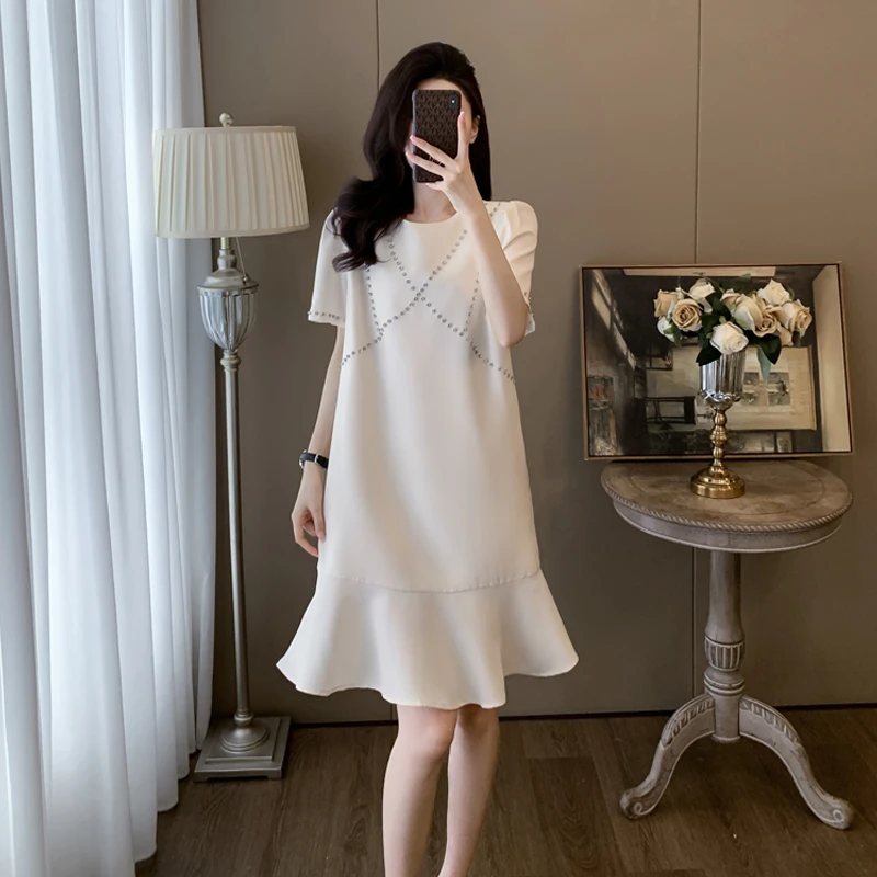白色高级感气质显瘦宽松连衣裙带钻荷叶边拼接减龄裙小个子时尚风