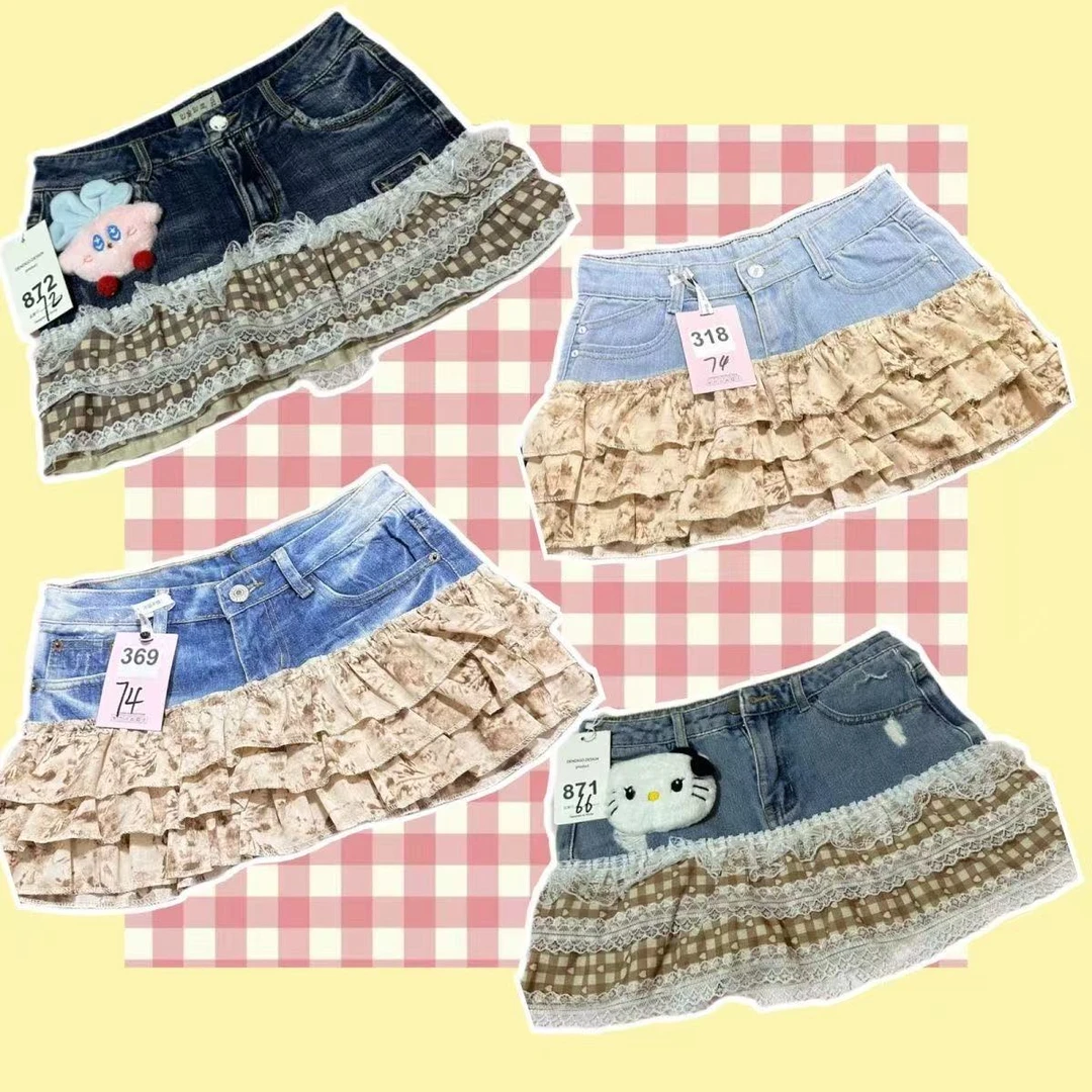 【NO退NO换】y2k复古辣妹日常萝莉甜美手作拼接短裙古着~千禧亚文化