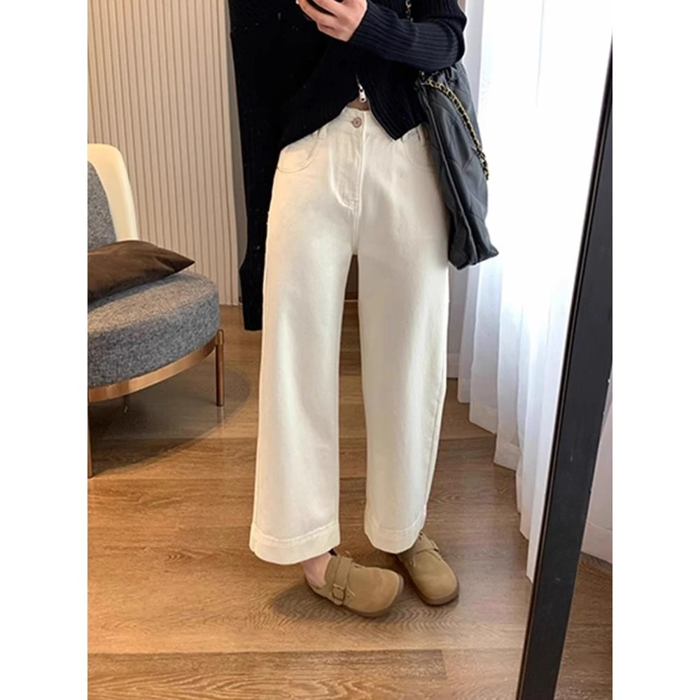 白色直筒牛仔裤女春秋新款胖妹妹大码高腰宽松显瘦小个子阔腿裤子