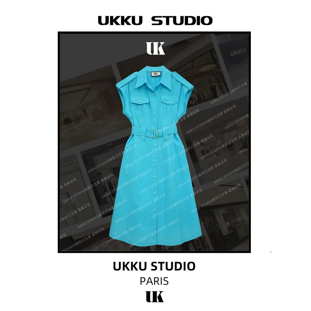 小七【UKKUSKUDIO】白荷叶单排扣腰带衬衫连衣裙衬衫连衣裙312344