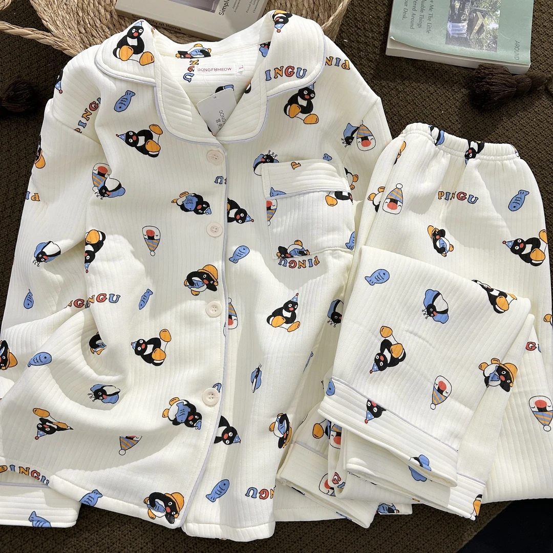 奶呼企鹅秋冬季空气棉少女睡衣保暖开衫长袖长裤学生女孩家居服套